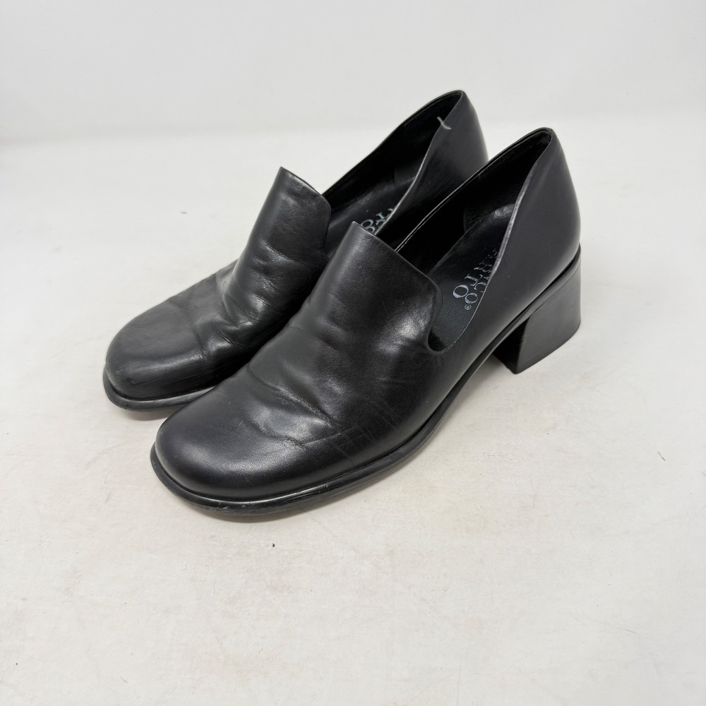 Vintage Franco Sarto Leather Pumps Black 8.5M Block Heel Square Toe 90s Y2K